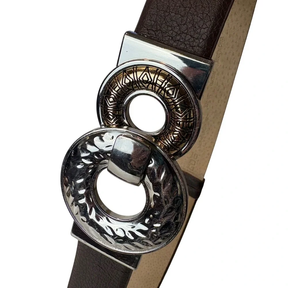 Chicos Vintage‎ Leather Belt Chunky SilverTone Metal Buckle Adjustable Up to 48